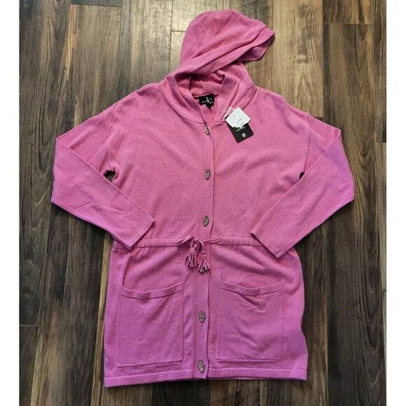 New Pink Hooded Mid Length Light Cardigan Sweater Tie Waist Pockets Marble Sz XS - Picture 1 of 7